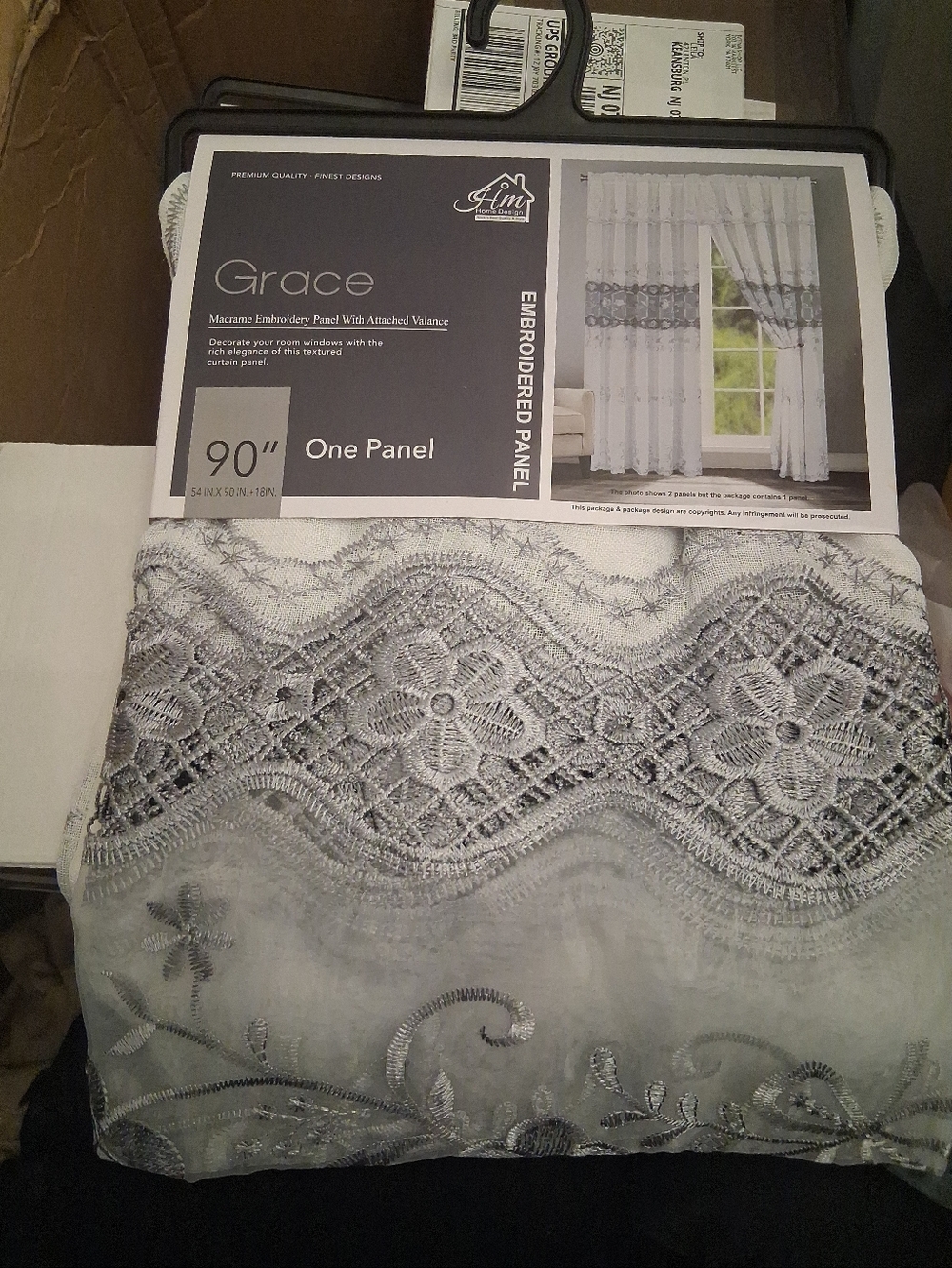 Grace Embroidered Macrame Panel Curtain in White and Gray